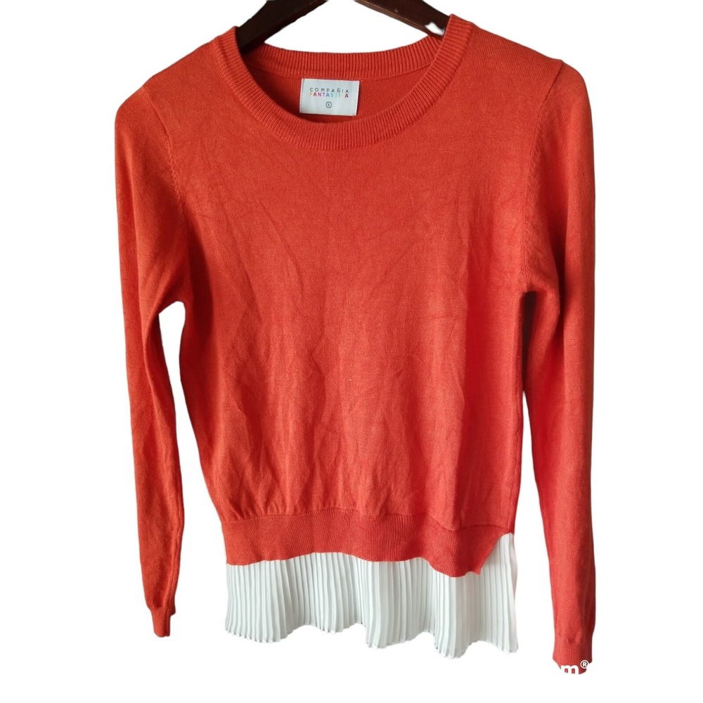 Compania Fantastica Women's‎ Orange Long Sleeve Blouse w/ White Pleated Hem sz S